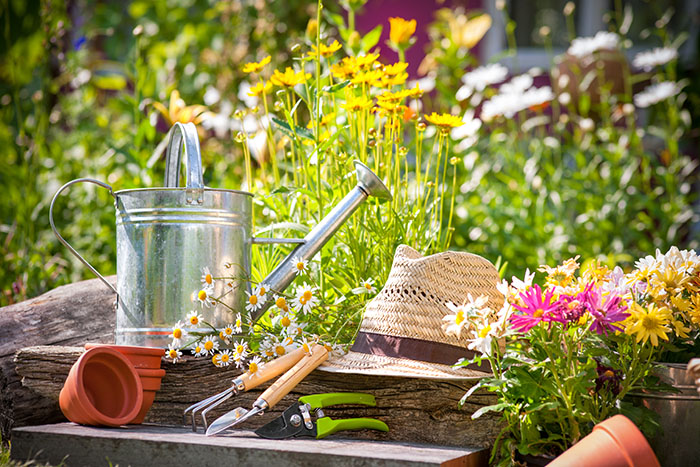 Gardening tools and a straw hat on the grass in the garden